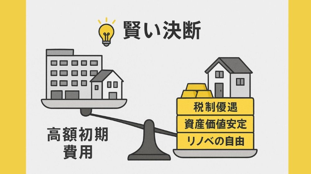 新築という「高価な初期投資」よりも、中古リノベで「税制優遇」の方が、経済的に優位であることを伝えている