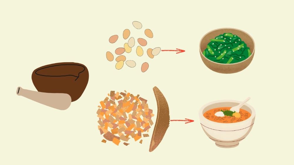 ごまやかつお節をすって、料理に変えているイラスト