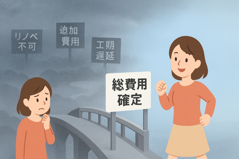 中古リノベの道のりを「霧の中の旅」に見立て、総費用の不確実性というリスクを解消し、確かな道（総費用確定）を保証する様子を表現。