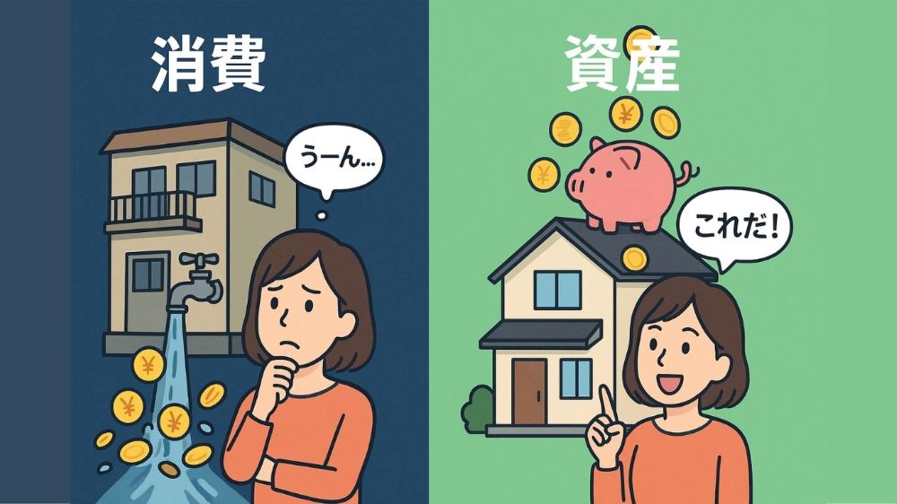 「消費」で終わる賃貸と、「資産」になる中古リノベを対比させ、中古リノベを選んだ女性