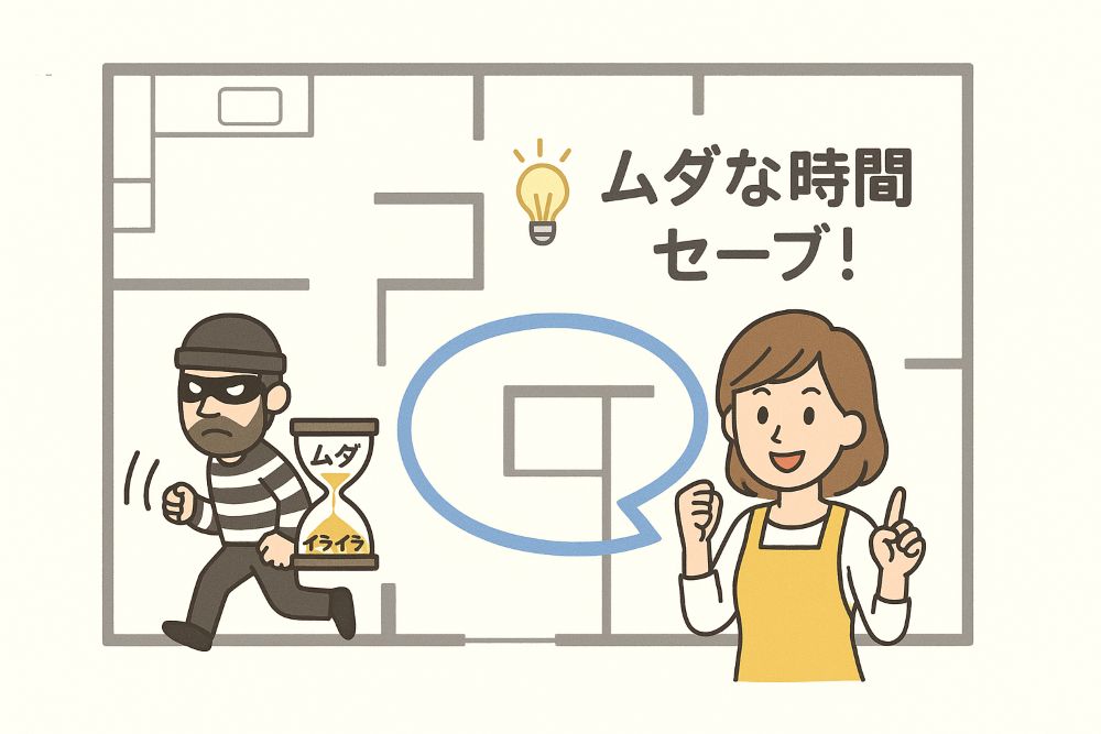 中央に、主婦が笑顔で立ち、「ムダな時間をセーブ！」とガッツポーズをしている。効率化によって時間という資産が守られていることを表現。