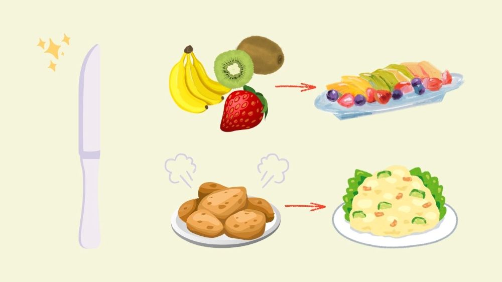 テーブルナイフで果物をカットしたり、蒸したジャガイモがポテトサラダになるイラスト