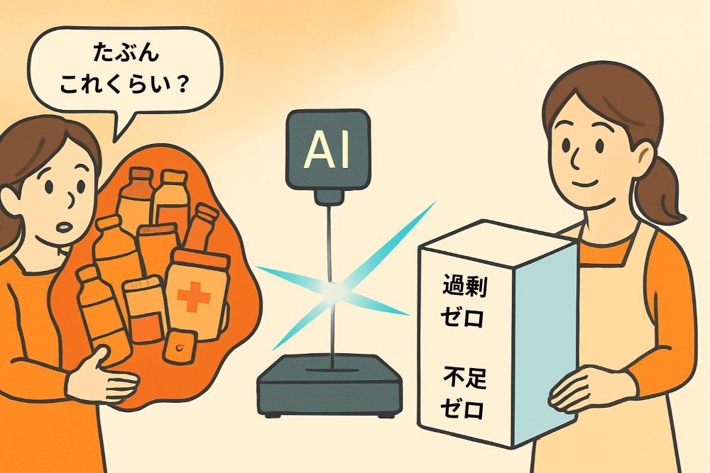 「たぶんこれくらい？」という曖昧でいびつな備蓄量をAIが正確に測り、ジャストフィット（過不足なし）の量に裁断する様子を表現