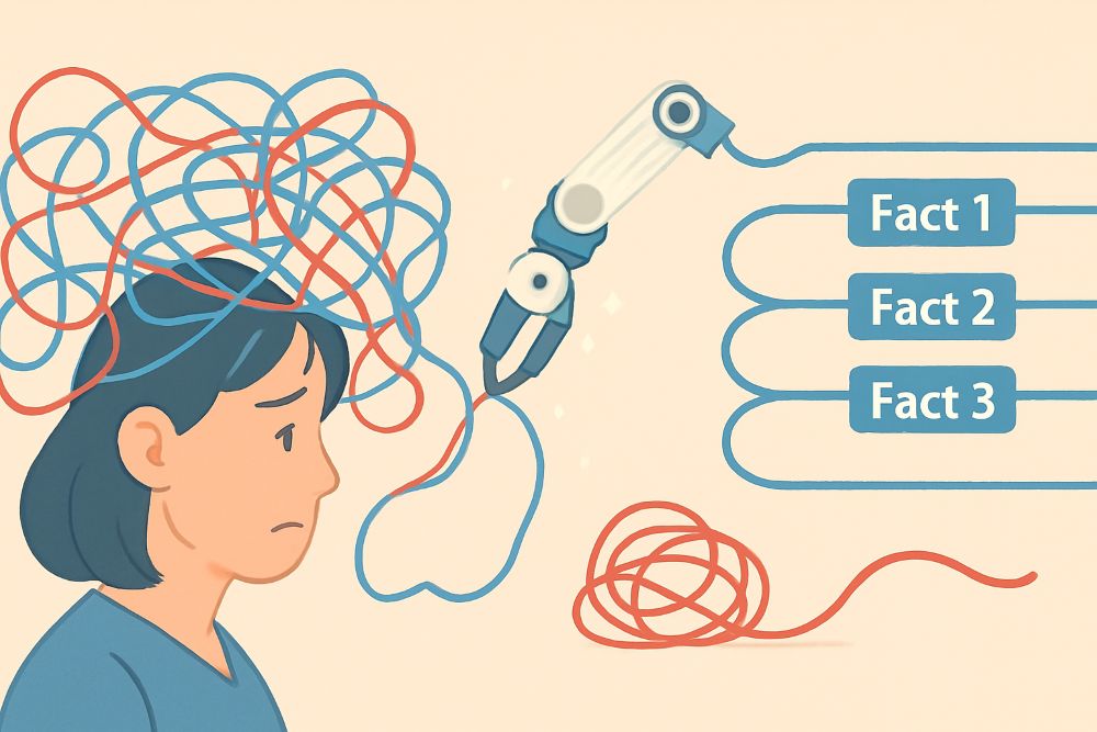 頭の中でごちゃ混ぜになった「感情（赤色）」と「事実（青色）」を絡み合った2色のコード（糸）として描き、AIが精密な動きでそれを解きほぐし、整然と並べる様子を表現