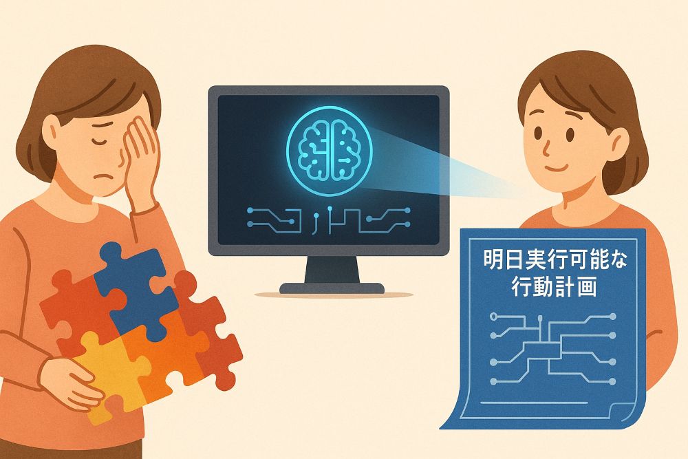 解決不可能に思えた感情的な問題（バラバラのパズル）が、AIの力によって実行可能な「論理的な設計図」へと組み替えられ、未来への道筋が明確になる様子を表現