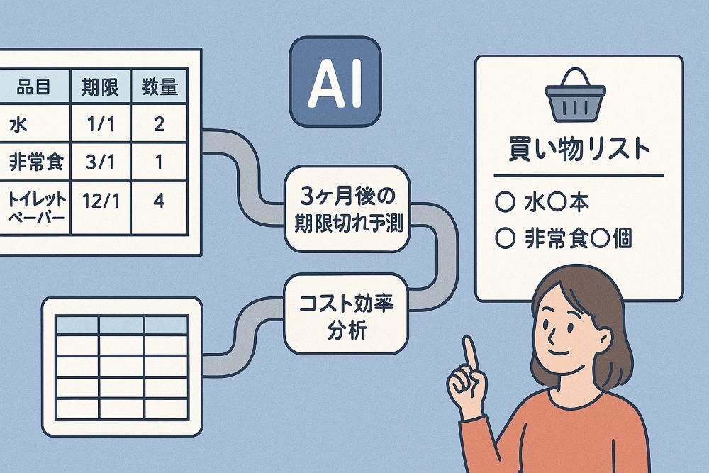 スプレッドシートに入力された備蓄データから、AIが最適な買い替えタイミングを判断し、主婦が手動でリストを作る手間なく、「次に買うべきもの」が自動で生成されるプロセスを表現