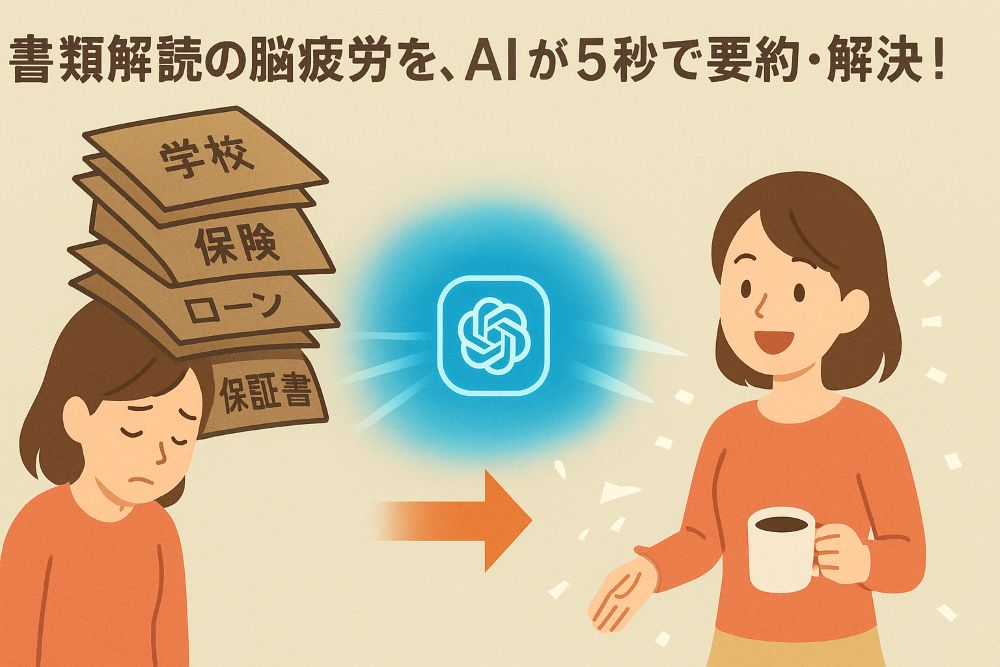 主婦の頭上に積もった「読まなければならない書類」を、物理的な重荷として描き、AIがその重荷を一瞬で情報に変換・整理する様子をダイナミックに表現