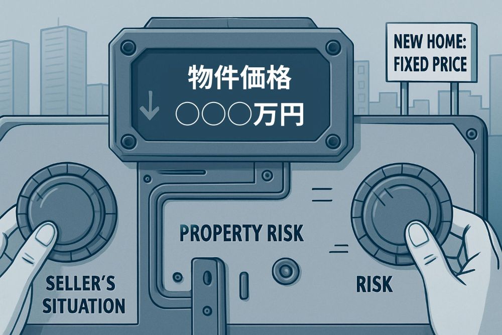 中古物件の価格が固定されたものではなく、柔軟に調整可能な「ダイヤル」や「スライダー」を持つ装置として表現