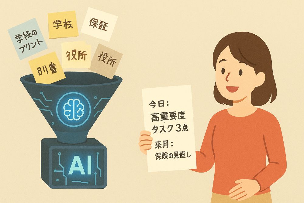 脳内でごちゃ混ぜになっている雑多なタスクを、AIという論理的な仕組みが瞬時に整理し、「迷いなく行動できるリスト」に変換するプロセスを表現