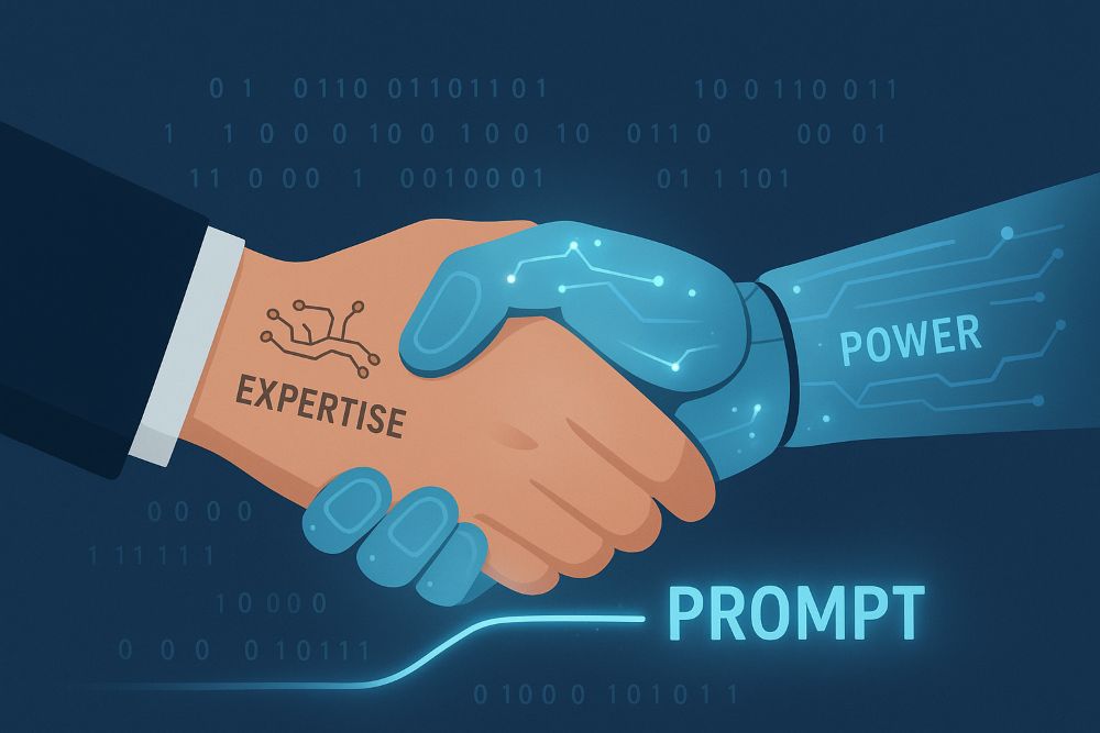 AIを「道具」ではなく「優秀なパートナー」として捉え、その連携の鍵となるのが「プロンプト」であることを、力強い握手のモチーフで表現