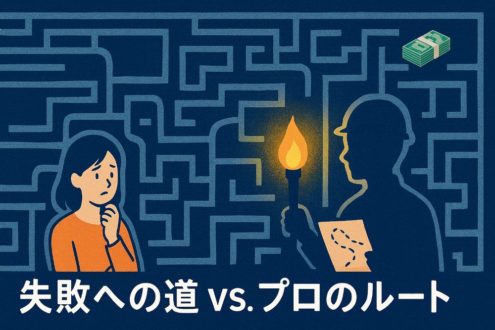 補助金申請を複雑な迷路に見立て、実績ある業者がそのルートを照らすガイドであることを表現し