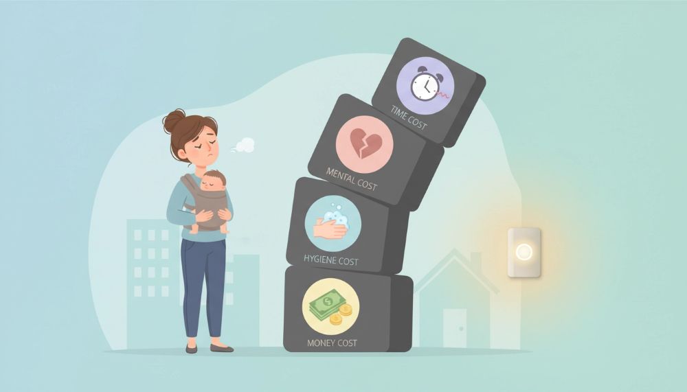 スイッチ操作やそれに付随するストレスが、毎日積み重なって巨大な「コストタワー」を形成し、働く母の生活を圧迫している様子を表現